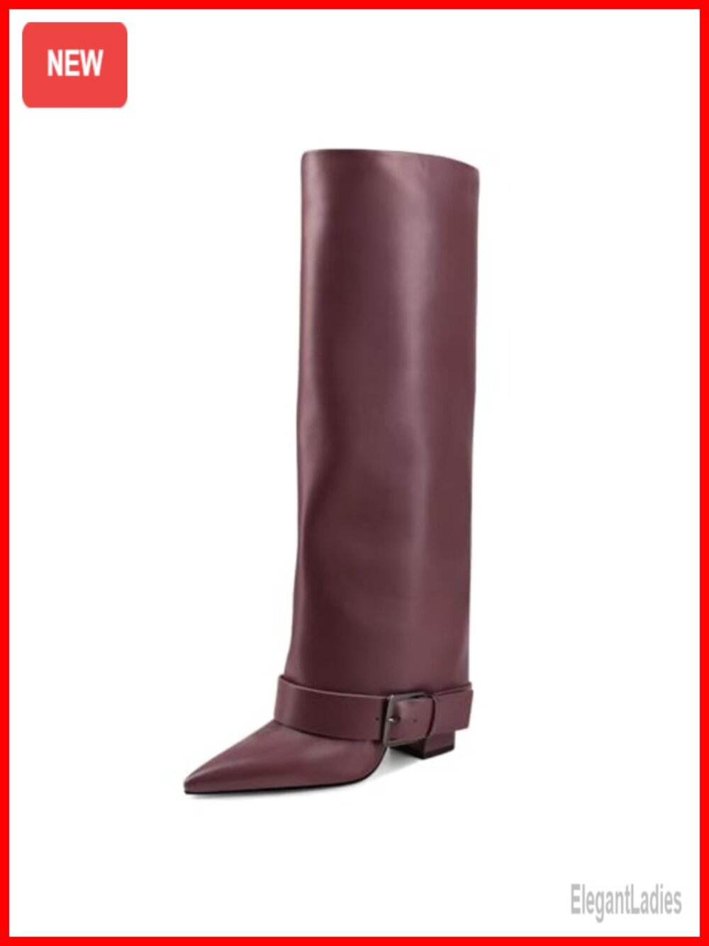 Women's Knee High Boots Fold Over Chunky Heel Wide Calf Pointed Toe Belt Buckle